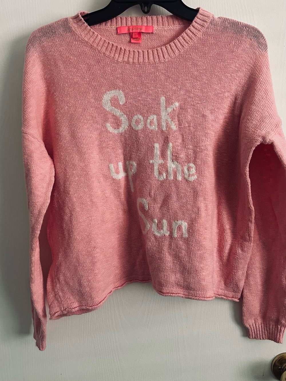 Lilly Pulitzer Pink Crewneck Sweater with White 'Soak up the Sun' Text size Larg